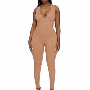 NWT Naked Wardrobe All Snatched Bustier Ribbed Tan Nude Jumpsuit Size Large